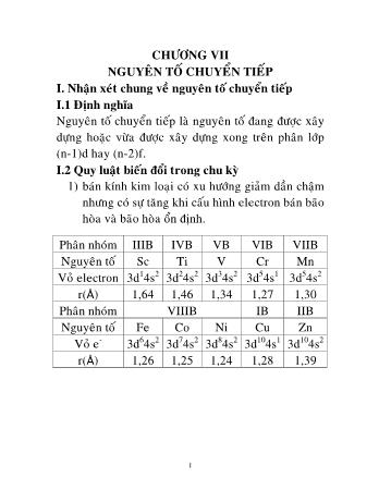 Bài giảng Hóa vô cơ cho Xây dựng - Chương 7: Nguyên tố chuyển tiếp (Phần 1)