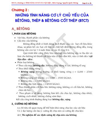 Bài giảng Kết cấu bê tông cốt thép 1 - Chương 2: Những tính năng cơ lý chủ yếu bêtông, thép & bê tông cốt thép (BTCT) - Nguyễn Quốc Thông