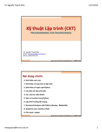 Bài giảng Kỹ thuật lập trình CKT - Chương 9: FILE I/O IN PYTHON (File input / output) - Nguyễn Thanh Nhã