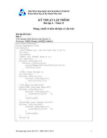Bài tập Kỹ thuật lập trình - Bài tập 4: Mảng, chuỗi và kiểu dữ liệu có cấu trúc - Khoa Khoa học và Kỹ thuật máy tính - Đại học BK - ĐHQG TP Hồ Chí Minh
