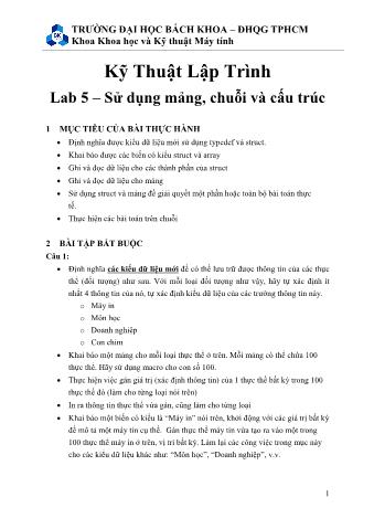 Bài tập Kỹ thuật lập trình - Lab 5 – Sử dụng mảng, chuỗi và cấu trúc - Khoa Khoa học và Kỹ thuật máy tính - Đại học BK - ĐHQG TP Hồ Chí Minh