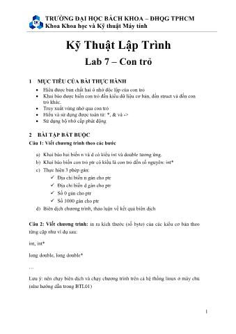 Bài tập Kỹ thuật lập trình - Lab 7: Con trỏ - Khoa Khoa học và Kỹ thuật máy tính - Đại học BK - ĐHQG TP Hồ Chí Minh