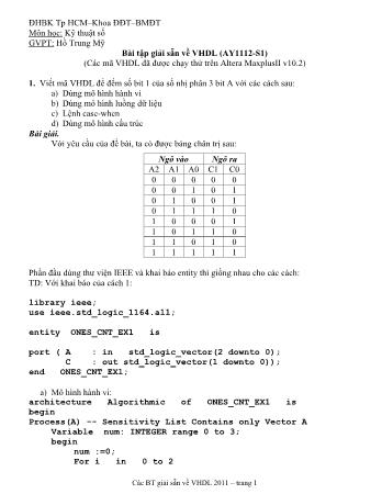 Bài tập Kỹ thuật số về VHDL (AY1112-S1) - Hồ Trung Mỹ – Điện Tử - Khoa Điện - Điện Tử - ĐH Bách Khoa TP. HCM (có lời giải)