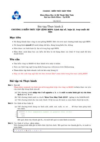 Bài tập thực hành Kiến trúc máy tính - Chương 2: Kiến trúc tập lệnh MIPS: Lệnh đại số, luận lý, truy xuất dữ liệu