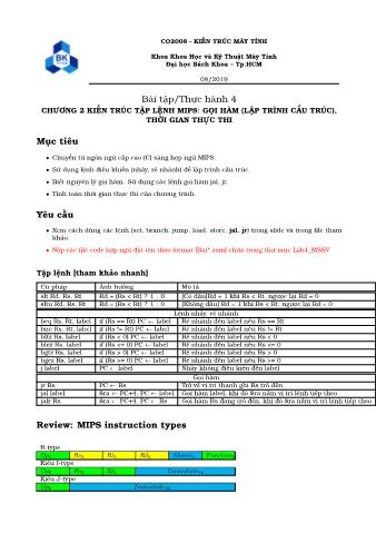 Bài tập thực hành Kiến trúc máy tính số 4 - Chương 2: Kiến trúc tập lệnh MIPS: Gọi hàm (lập trình cấu trúc), thời gian thực thi