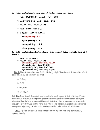 Bài tập trắc nghiệm Hóa vô cơ - Chương 2: Acid base (có đáp án) (Phần 2)