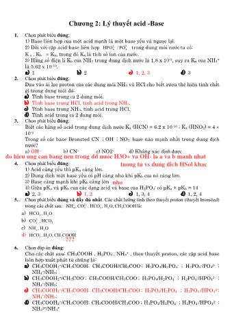 Bài tập trắc nghiệm Hóa vô cơ - Chương 2: Lý thuyết Acid base (có đáp án)