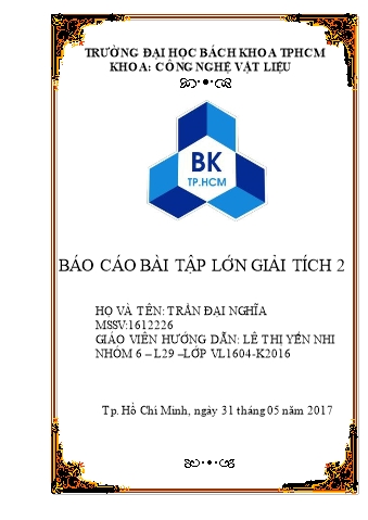 Báo cáo Bài tập lớn Matlab Giải tích 2 - Trần Đại Nghĩa