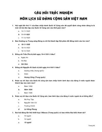 Bộ câu hỏi trắc nghiệm Môn Lịch sử Đảng cộng sản Việt Nam