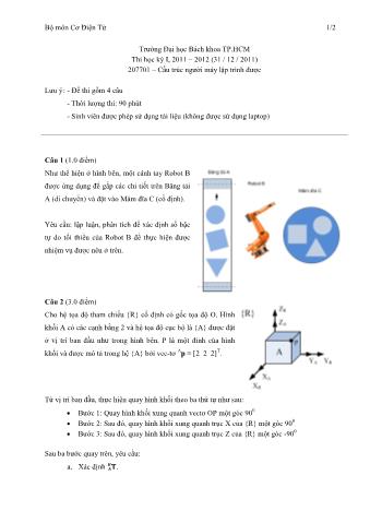 Đáp án kiểm tra học kỳ 1 môn Cơ điện tử - Cấu trúc người máy lập trình - Năm học 2010 - 2011 - Trường Đại học Bách khoa TP.HCM