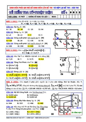 Đề kiểm tra giữa học kỳ 1 Kỹ thuật điện - điện tử - Mã đề 9012 - Năm học 2012 - 2013