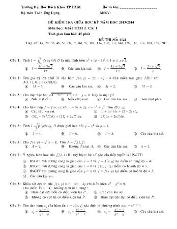 Đề kiểm tra giữa học kỳ 1 môn Giải tích 2 - Năm học 2013 - 2014 Khoa Khoa học ứng dụng - Bộ môn Toán ƯD - Trường ĐH Bách Khoa TP HCM (Ca 1)