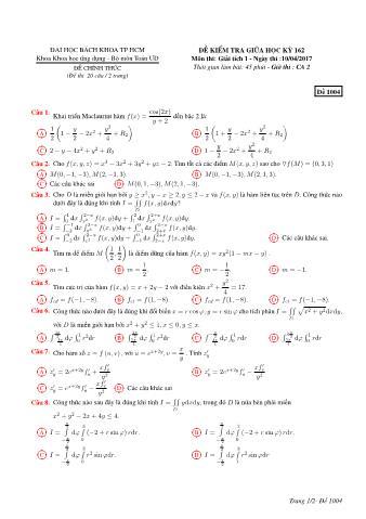 Đề kiểm tra giữa học kỳ 162 môn Giải tích 2 - Đề 1004 - Năm học 2013 - 2014 Khoa Khoa học ứng dụng - Bộ môn Toán ƯD - Trường ĐH Bách Khoa TP HCM (Ca 2)