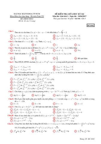 Đề kiểm tra giữa học kỳ 162 môn Giải tích 2 - Đề 1042 - Năm học 2013 - 2014 Khoa Khoa học ứng dụng - Bộ môn Toán ƯD - Trường ĐH Bách Khoa TP HCM (Ca 1)