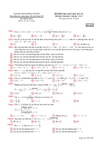 Đề kiểm tra giữa học kỳ 171 môn Giải tích 1 - Khoa Khoa học ứng dụng - Bộ môn Toán ƯD - Trường ĐH Bách Khoa TP HCM (Ca 2)