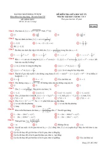 Đề kiểm tra giữa học kỳ 171 môn Giải tích - Khoa Khoa học ứng dụng - Bộ môn Toán ƯD - Trường ĐH Bách Khoa TP HCM