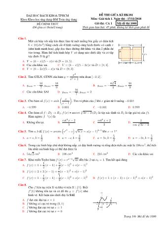 Đề kiểm tra giữa học kỳ 181 môn Giải tích 1 - Khoa Khoa học ứng dụng - Bộ môn Toán ƯD - Trường ĐH Bách Khoa TP HCM (Ca 1)