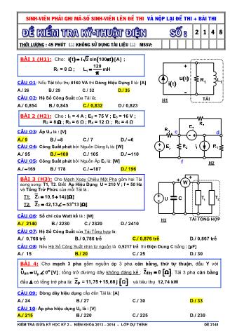 Đề kiểm tra giữa học kỳ 2 Kỹ thuật điện - điện tử - Mã đề 2148 - 3141 - 4142 - 5143 - 6144 - 7145 - 9147 -  - Năm học 2013 - 2014