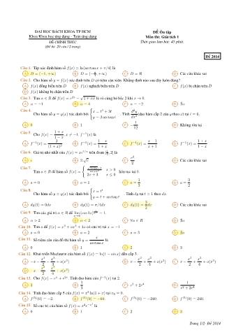 Đề ôn tập môn Giải tích 1 - Đề 2014 - Năm học 2015 - Khoa Khoa học ứng dụng - Bộ môn Toán ƯD - Trường ĐH Bách Khoa TP HCM