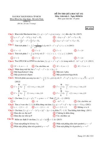 Đề ôn thi giữa học kỳ 152 Giải tích 2 - Đề 1521 - Trường ĐH Bách Khoa TP HCM