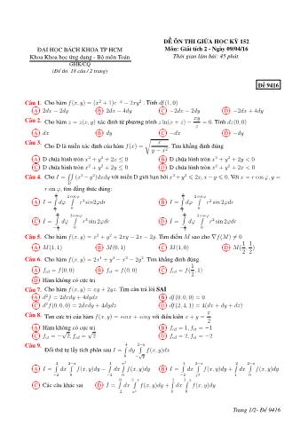 Đề ôn thi giữa học kỳ 152 Giải tích 2 - Đề 9416 - Trường ĐH Bách Khoa TP HCM