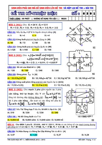 Đề thi cuối học kỳ 1 Kỹ thuật điện - điện tử - Mã đề 6391 - Năm học 2012 - 2013