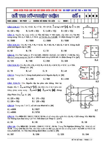 Đề thi cuối học kỳ 2 Kỹ thuật điện - điện tử - Mã đề 1093 - Năm học 2014 - 2015