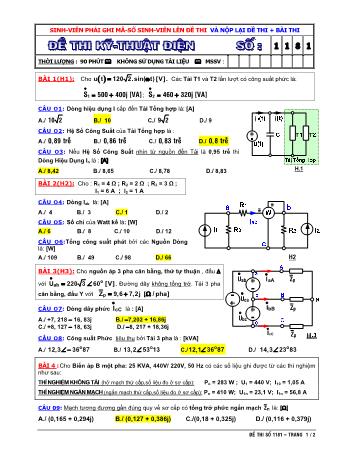 Đề thi cuối học kỳ 2 Kỹ thuật điện - điện tử - Mã đề 1181 - Năm học 2014 - 2015