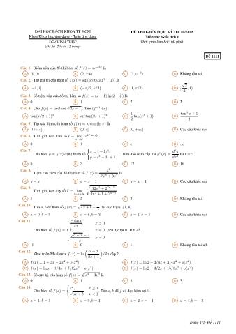 Đề thi giữa học kỳ 1 môn Giải tích 1 - Đề 1111 - Năm học 2016 - Khoa Khoa học ứng dụng - Bộ môn Toán ƯD - Trường ĐH Bách Khoa TP HCM