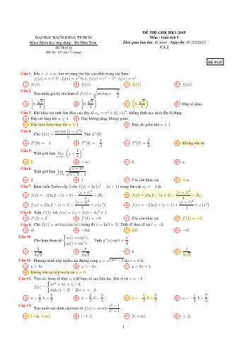 Đề thi giữa học kỳ 1 môn Giải tích 1 - Đề 525 - Năm học 2015 - Khoa Khoa học ứng dụng - Bộ môn Toán ƯD - Trường ĐH Bách Khoa TP HCM (Ca 2)