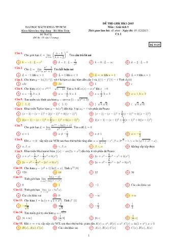 Đề thi giữa học kỳ 1 môn Giải tích 1 - Đề 525 - Năm học 2015 - Khoa Khoa học ứng dụng - Bộ môn Toán ƯD - Trường ĐH Bách Khoa TP HCM (Ca 1)