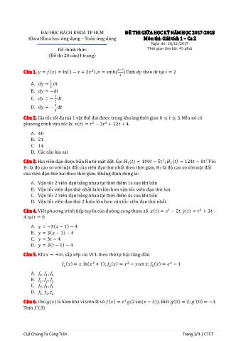 Đề thi giữa học kỳ Giải tích 1 - Năm học 2017 - 2018 Trường ĐH Bách Khoa TP HCM (Ca 2)