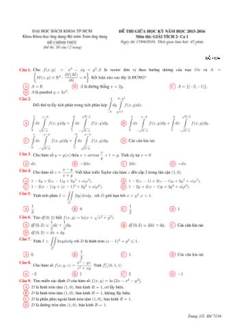 Đề thi giữa học kỳ môn Giải tích 2 - Đề 7134 - Năm học 2015 - 2016 - Khoa Khoa học ứng dụng - Bộ môn Toán ƯD - Trường ĐH Bách Khoa TP HCM (Ca 1)