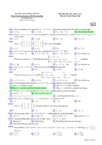 Đề thi giữa kỳ môn Đại số tuyến tính - Đề 1 năm 2014 - Khoa Khoa học ứng dụng - Bộ môn Toán ƯD - Trường ĐH Bách Khoa TP HCM (Ca 2)