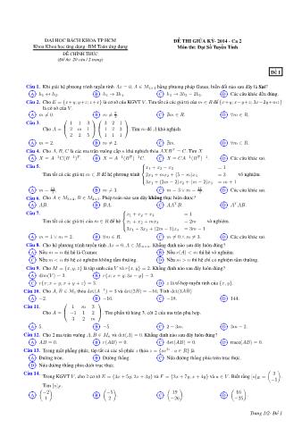 Đề thi giữa kỳ môn Đại số tuyến tính - Đề 2014 - Năm học 2015 - Khoa Khoa học ứng dụng - Bộ môn Toán ƯD - Trường ĐH Bách Khoa TP HCM (Ca 2)