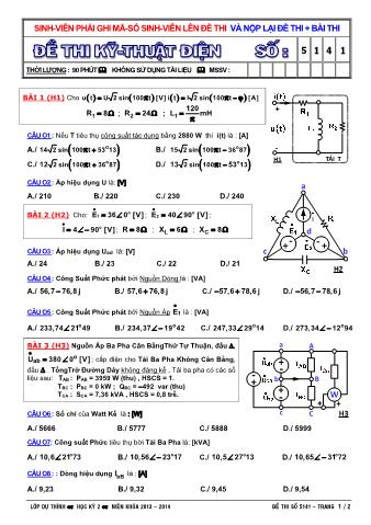 Đề thi học kỳ 2 Kỹ thuật điện - điện tử - Mã đề 5141 - 5842 - 5743 - 5644 - 5545 - 5446 - 5347 - 5248 - Năm học 2013 - 2014