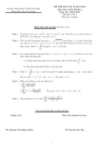 Đề thi học kỳ 2 môn Giải tích 2 - Năm học 2017 - 2018 Khoa Khoa học ứng dụng - Bộ môn Toán ƯD - Trường ĐH Bách Khoa TP HCM (Ca 2)