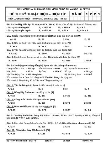 Đề thi Kỹ thuật điện - điện tử - Mã đề 1221 - Năm học 2012 - 2013