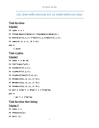Giáo án Giải tích 2: Các lệnh mẫu Matlab BTL cá nhân môn - Năm học 2016