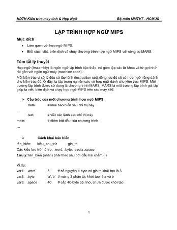 Hướng dẫn thực hành môn Kiến trúc máy tính & Hợp Ngữ - Lập trình hợp ngữ mips