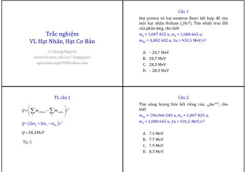 Trắc nghiệm Vật lý - Hạt nhân, hạt cơ bản - Lê Quang Nguyên