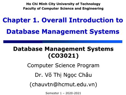 Database Management Systems - Chapter 1: Overall Introduction to Database Management Systems - Võ Thị Ngọc Châu