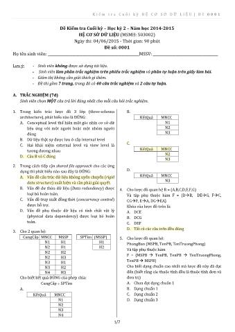 Đề kiểm tra cuối học kỳ 2 môn Cơ sở dữ liệu - Năm học 2014 - 2015