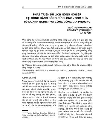 Đề tài Phát triển du lịch nông nghiệp tại đồng bằng sông Cửu Long - Góc nhìn từ doanh nghiệp và cộng đồng địa phương