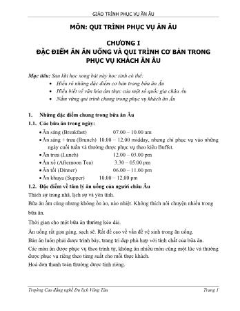 Giáo trình Phục vụ ăn âu - Chương 1: Đặc điểm ăn ăn uống và qui trình cơ bản trong phục vụ khách ăn Âu