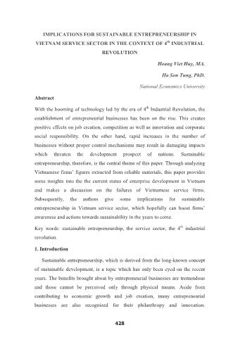 Topic Implications for sustainable entrepreneurship in vietnam service sector in the context of 4th industrial revolution - Hoang Viet Huy